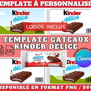 Modello di torta Kinder Delice disponibile sulla piattaforma Canva, con file nei formati PNG e SVG.