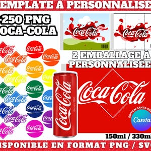 Template canette Coca-Cola personnalisable sur Canva, incluant +250 logos aux format PNG | Emballage canette prêt à l’emploi