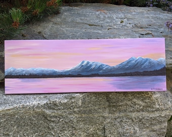 Original  Art on Canvas Whistler Blackcomb. British Columbia BC. Pink, orange, sea to sky lake, sunset, landscape, mountain, painting
