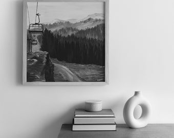 Whistler Blackcomb Creekside Chairlift Fine Art Print Red chair, ski mountain snow black grey white 16x16" Square British Columbia BC Canada