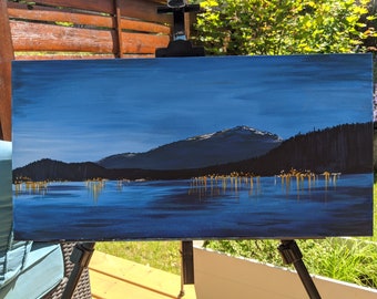 Original Art on Canvas. Whistler BC Sunset on the Lake. Sea to Sky British Columbia, Squamish, evening, lights, mountain, trees, wall decor