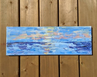 Original Art on Canvas. Abstract lake sunset at Whistler BC, acrylic painting, pink, orange, blue, landscape, sea, water 8" x 24"