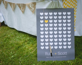 Custom Wedding Guest Book Poster. Customized digital download for you to print at home - heart themed, yellow, grey, celebration