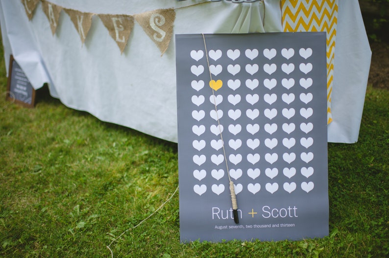 Custom Wedding Guest Book Poster. Customized digital download for you to print at home heart themed, yellow, grey, celebration image 1