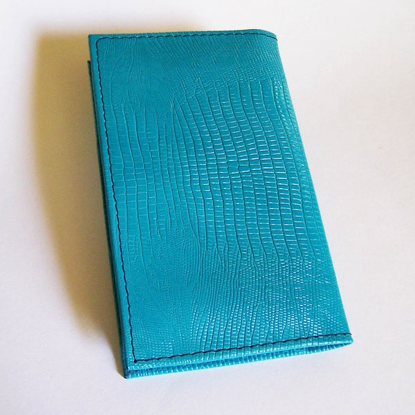 Turquoise Leather Checkbook Cover - Turquoise Blue Lizard Grain Leather Check Book Holder