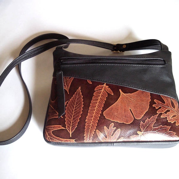 Black Leather Purse Handbag with Leaf Design (Fern, Ginkgo, Maple and Oak Leaves) Crossbody Style