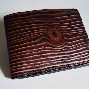 Men's Leather Wallet - Wood Grain Wallet - Thin Bi-fold with Woodgrain Design - "B" Style Interior