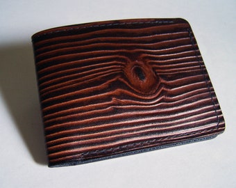 Wood Grain Men's Leather Wallet - Handmade Leather Wallet - Thin Bi-fold with Woodgrain Design - "A" Style Interior
