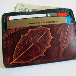 Leaf Leather Credit Card Wallet/Leather Card Wallet - Use for Credit Cards, Drivers License etc. - Brown Leaf Design