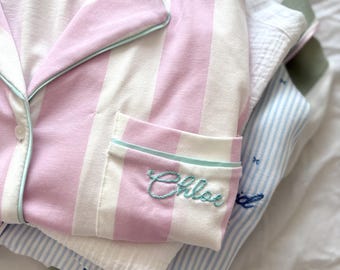 Personalised Pyjama Embroidery Service | Custom Hand-Embroidered Name, Bridesmaid Gift | Wedding Morning PJs