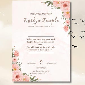 Invitation funèbre botanique élégante - Modèle de carte commémorative minimaliste (modifiable dans Canva)