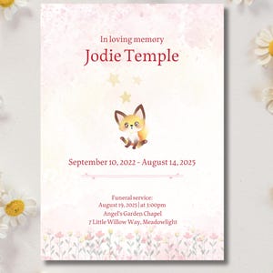 Faire-part d'adieu Gentle Meadow - Renard aquarelle doux et carte commémorative florale - Modèle sur toile