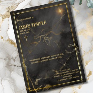 Faire-part d'adieu lumière dorée - Élégante carte commémorative en marbre noir - Modèle sur toile