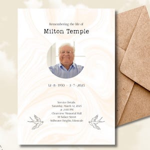 Serene Swallow Tribute Invitation – Soft Neutral Memorial Card with Elegant Swirl Design – Canva Template