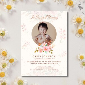 Modèle de création funéraire modifiable - enfant/fille - carte commémorative avec photo - design canva