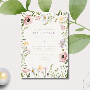 Modèle personnalisable d'invitation aux funérailles - Carte de fleurs sauvages gracieuse - Design modifiable Canva