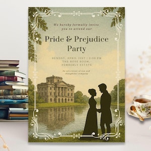 Op de afbeelding: Een vintage-stijl uitnodigingskaart met een groene en witte bloemenrand. De tekst luidt "We hereby formally invite you to attend our Pride & Prejudice Party. Sunday, April 21st 2:00 PM. The Rose Room, Pemberley Estate. An afternoon of tea and thoughtful company."