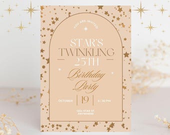 Szablon zaproszenia urodzinowego z motywem złotej gwiazdy | Dostosowywalne eleganckie zaproszenia na imprezę w rozmiarze 5x7