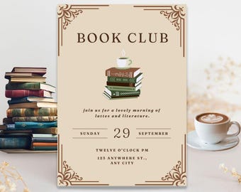 Cozy Elegant Book Club Invitation Canva Template | Customizable Digital Invite | Books and Coffee Party | Editable Invitation Template