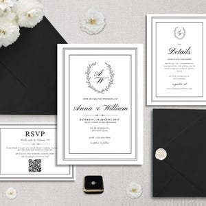 Plantilla de Canva para invitación de boda con monograma en blanco y negro, elegante y moderna / Diseño minimalista elegante y atemporal / Código QR RSVP