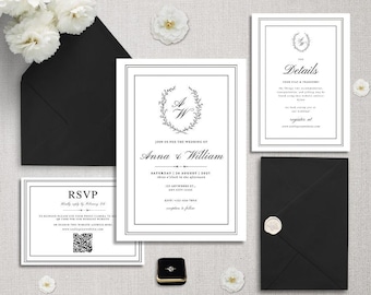 May include: Black and white wedding invitation suite with a floral wreath design. The invitation includes the names Anna and William, the date Saturday, 24 August 2017, and the RSVP details. The details card includes information about the wedding, including the location and website.