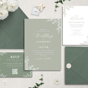 セージグリーンの結婚式招待状セット Canva テンプレート | ミニマリストのエレガントな葉のデザイン | QR コード RSVP