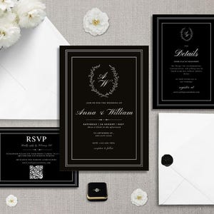 Plantilla de Canva para invitación de boda con monograma blanco y negro, elegante y moderna / Diseño minimalista elegante y atemporal / Código QR RSVP