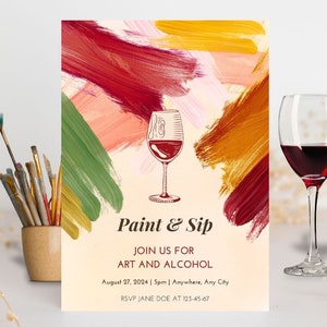 Paint and Sip Canva Template Invitation, Birthday Party, Paint & Sip invitation Bachelorette Invite, Paint and sip Dinner Party