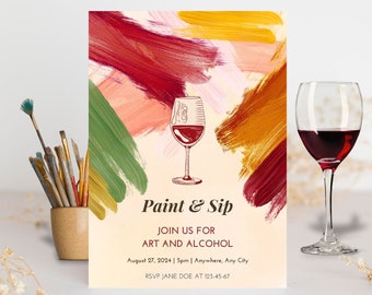 Paint and Sip Canva Template Invitation, Birthday Party, Paint & Sip invitation Bachelorette Invite, Paint and sip Dinner Party
