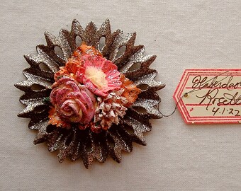 Strawberry pink peach millinery roses blossoms flowers handmade rosette vintage style tarnished silver glittered metallic ornament