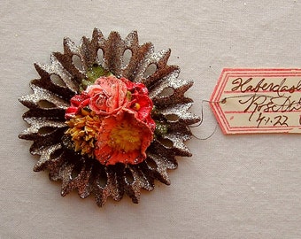 Coral red yellow millinery roses blossoms daisy flowers handmade rosette vintage style tarnished silver glittered metallic ornament