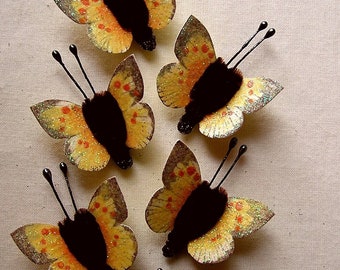 Apricot coral chocolate miniature Watercolor embellishments - sparkly butterfly vintage style pipe cleaner ornaments