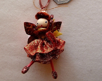 Russet red coral vintage style handcrafted miniature ballerina fairy doll ornament