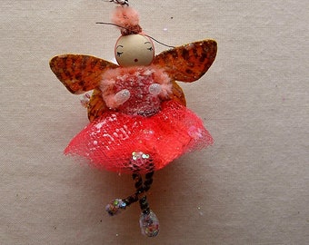 Peach tangerine coral vintage style handcrafted miniature ballerina fairy doll ornament