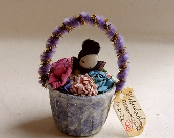 Lavender gold glittered millinery flower fairy tinsel basket vintage style handmade ornament