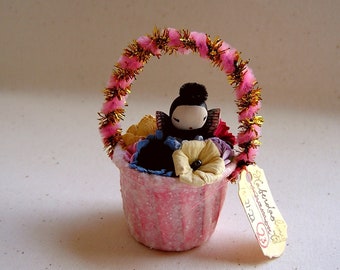 Blush Pink gold glittered millinery flower fairy tinsel basket vintage style handmade ornament