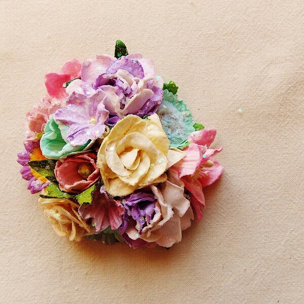 Cream aqua lavender pink yellow blossoms daisies lilies spring mix glittered Handmade Roses Vintage style Millinery flower corsage