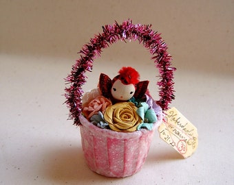 Pastel Pink Ladybug glittered millinery flower fairy tinsel basket vintage style handmade ornament