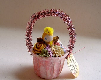 Rose Pink glittered millinery flower fairy tinsel basket vintage style handmade ornament