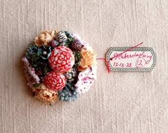 Pewter blue peach white red mushrooms Enchanted Forest - vintage style glittered floral holiday mini corsage