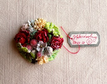 Crimson red white green Enchanted Forest - vintage style glittered floral holiday mini corsage