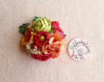 Chartreuse apricot yellow white coral red - Vintage style roses blossoms Millinery flower glittered micro corsage