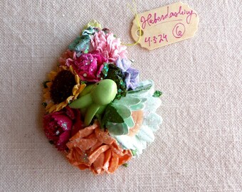 Petite pastel green Bunny - multicolor Handmade Roses velvet daisies blossoms Vintage style spring Millinery flower glittered corsage