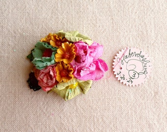 Spring green pink aqua yellow coral - Vintage style roses blossoms Millinery flower glittered micro corsage