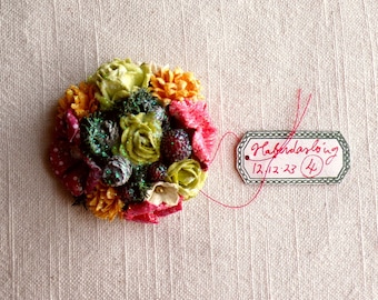 Red green white yellow Enchanted Forest - vintage style glittered floral holiday mini corsage