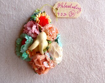 Petite pastel yellow Bunny - multicolor Handmade Roses velvet daisies blossoms Vintage style spring Millinery flower glittered corsage