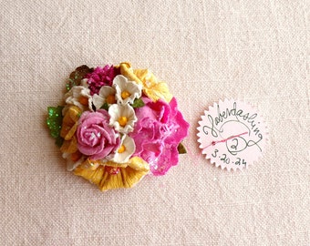 Yellow magenta pink white - Vintage style roses blossoms Millinery flower glittered micro corsage