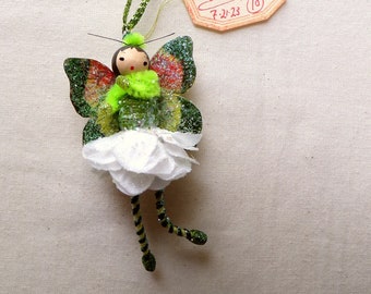 Lime green white vintage style handcrafted miniature ballerina rose fairy doll ornament