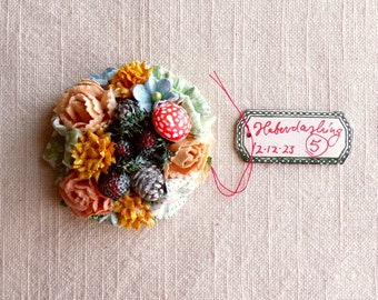 Peach sky blue mint yellow red mushroom Enchanted Forest - vintage style glittered floral holiday mini corsage