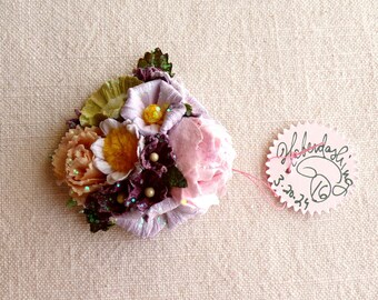 Sugar pink lavender peach green violets - Vintage style roses blossoms Millinery flower glittered micro corsage